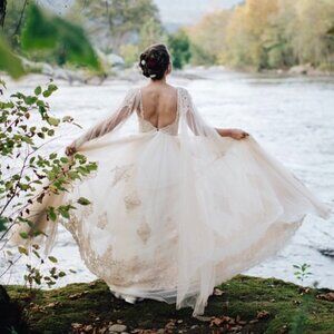Exquisite, Custom, Hand-Dyed Flowy Wedding Gown. Cape Sleeves (Woodland/Fairy)